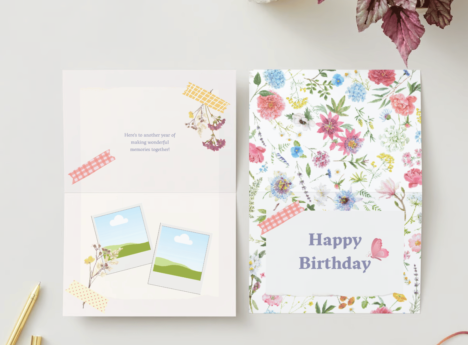 Cute Pastel Floral Photo Frame Folded Card Landscape | Customizable Canva Template | Digital. Mock outside and inside
