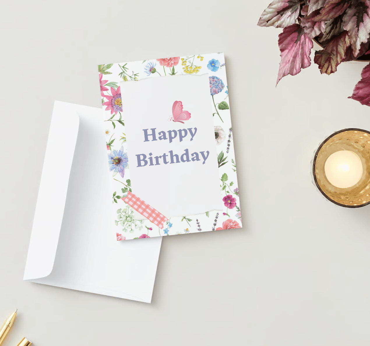 Cute Pastel Floral Photo Frame Folded Card Portrait | Customizable Canva Template | Digital. Mock outside front
