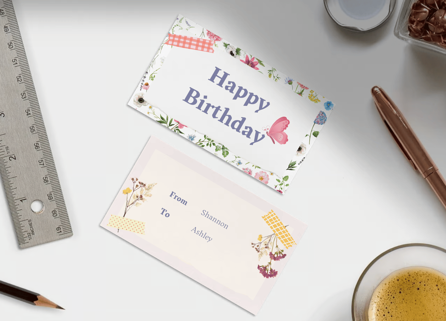 Cute Pastel Floral Photo Frame Gift/Favor Tag | Customizable Canva Template | Digital. Mock front and back