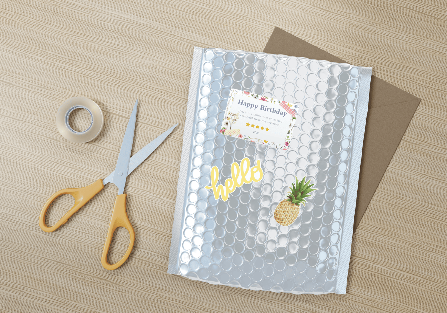 Cute Pastel Floral Photo Frame Sticker Label 3"x2" | Customizable Canva Template | Digital. Mock sticker on envelope