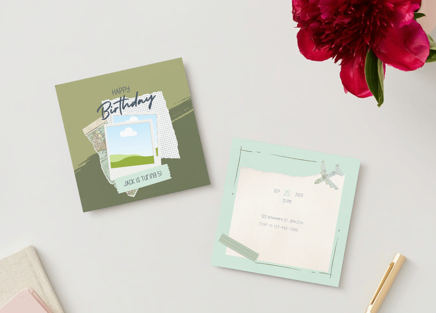 Torn Paper Photo Frame Invitation | Canva Template | Digital. Mock front and back