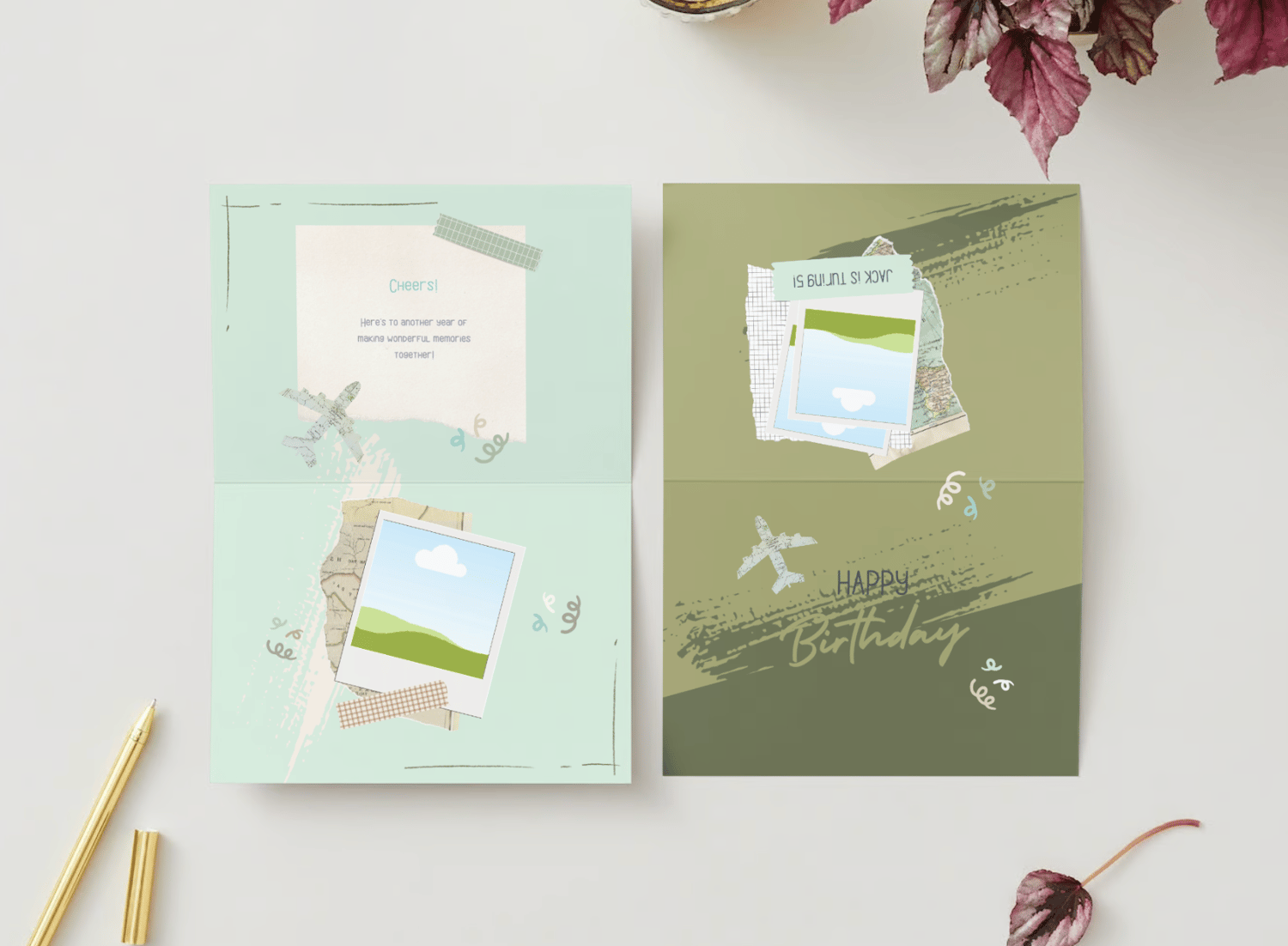 Torn Paper Photo Frame Folded Card Landscape | Customizable Canva Template | Digital. Mock outside and inside