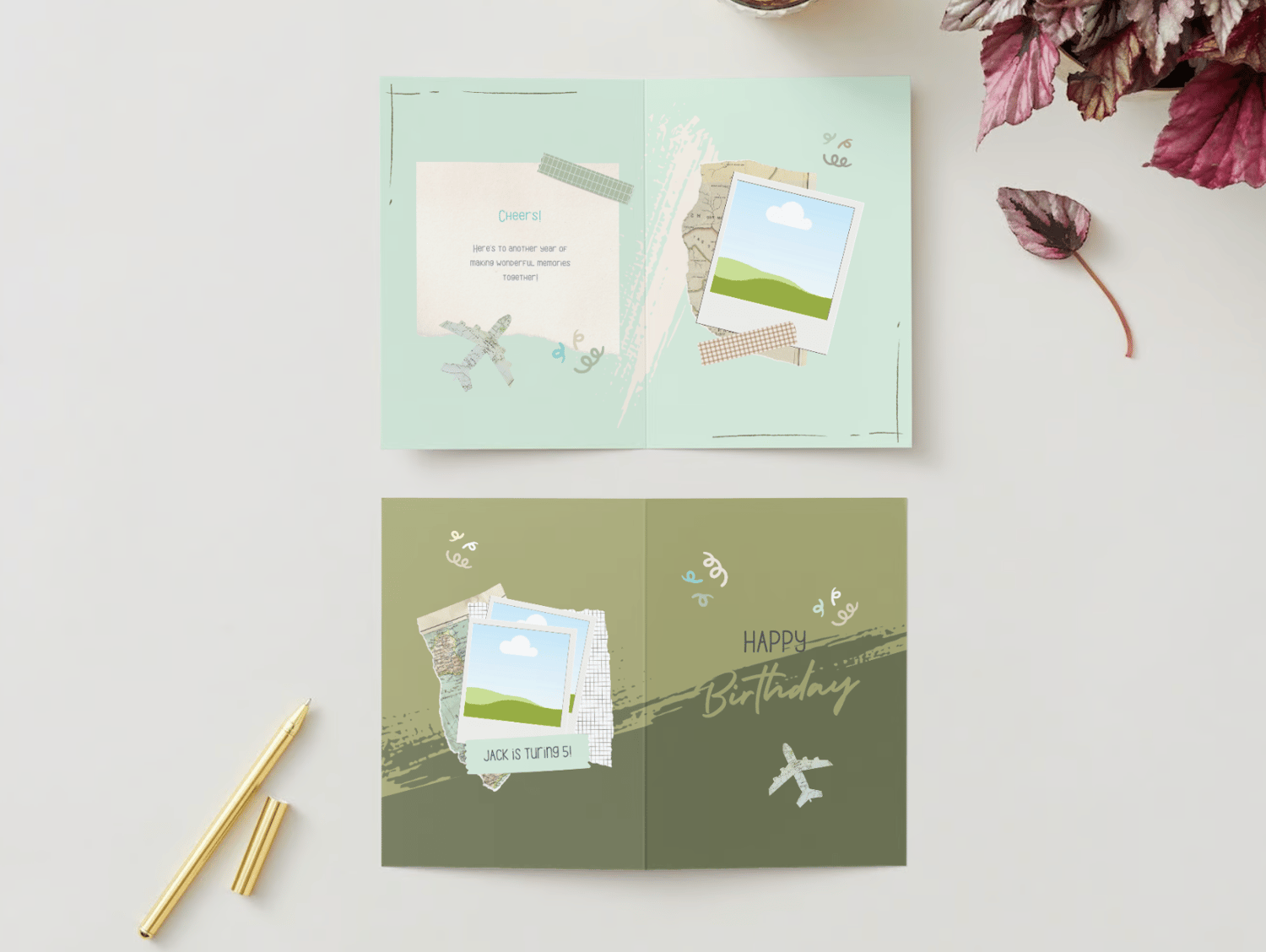 Torn Paper Photo Frame Folded Card Portrait | Customizable Canva Template | Digital. Mock outside and inside