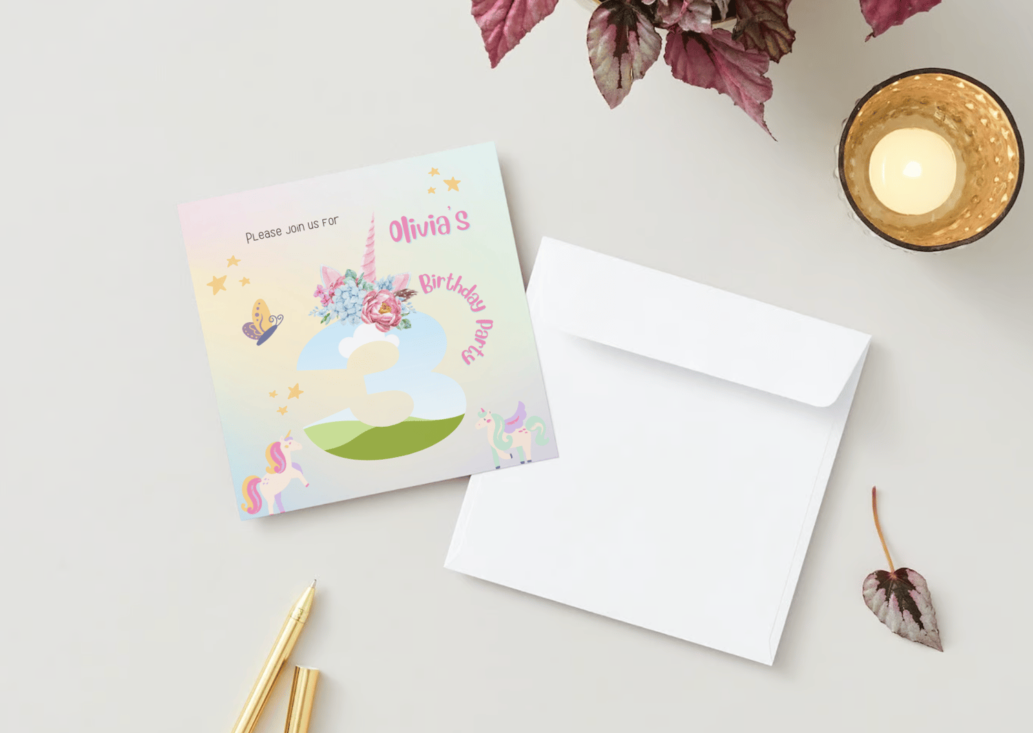 Magical Unicorn Photo Frame Invitation | Canva Template | Digital. Mock front