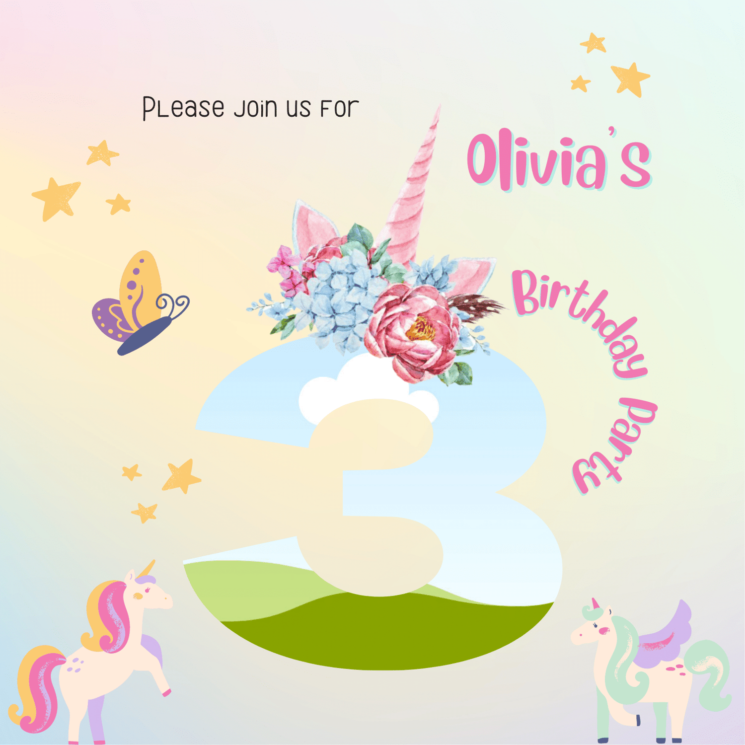 Magical Unicorn Photo Frame Invitation | Canva Template | Digital. Front design