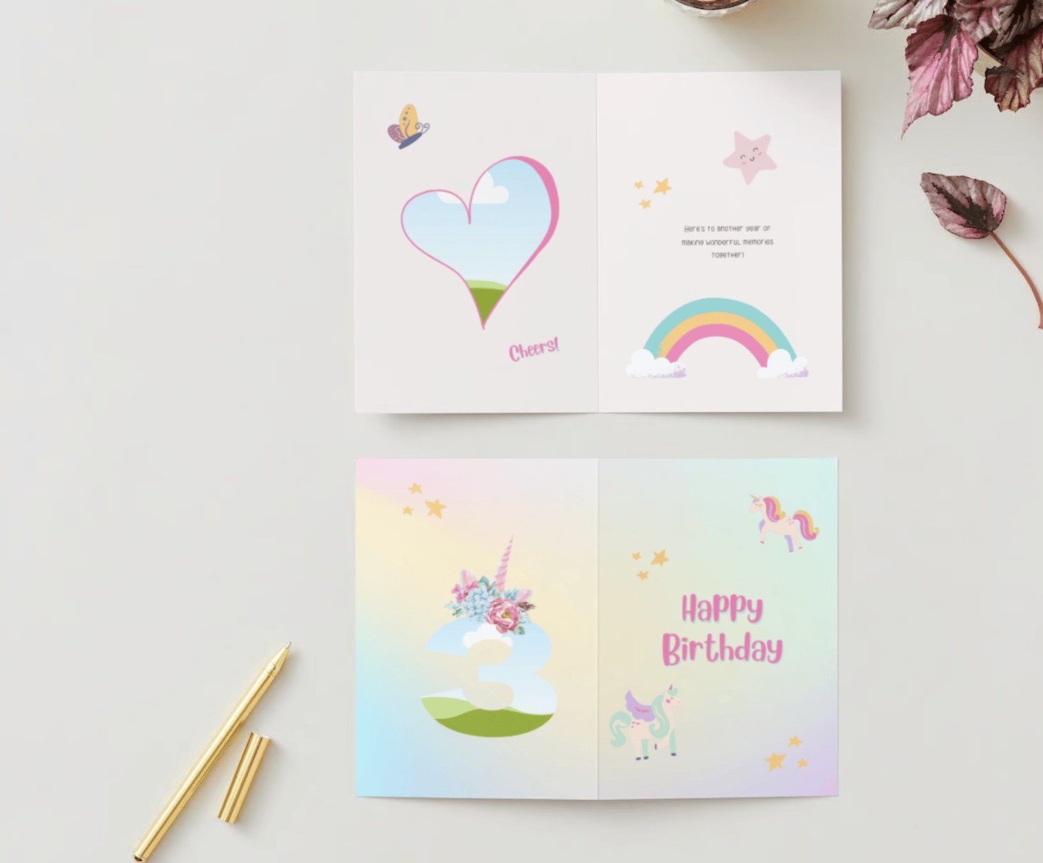 Magical Unicorn Photo Frame Folded Card Portrait | Customizable Canva Template | Digital. Mock outside and inside