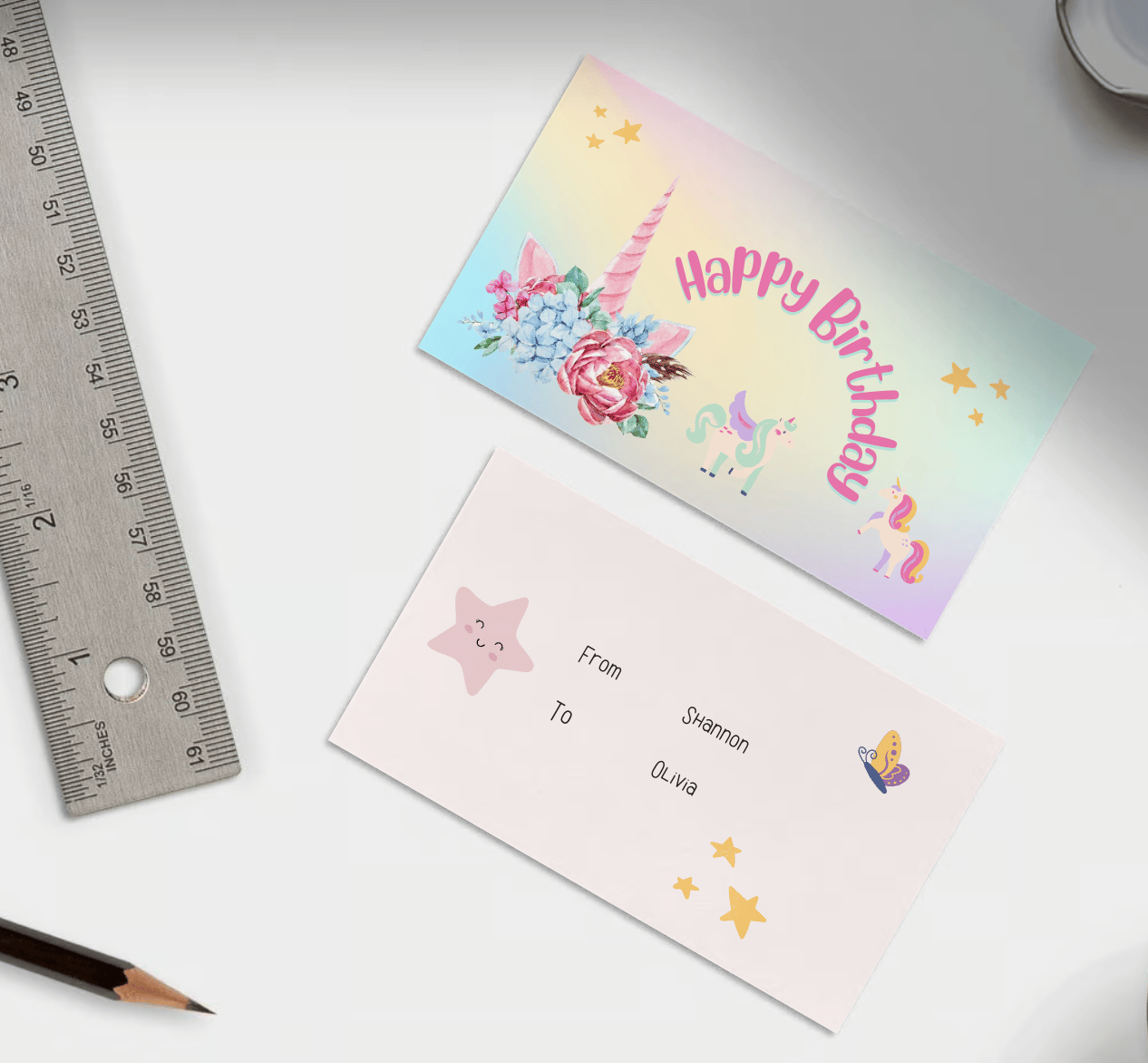 Magical Unicorn Photo Frame Gift/Favor Tag | Customizable Canva Template | Digital. Mock front and back