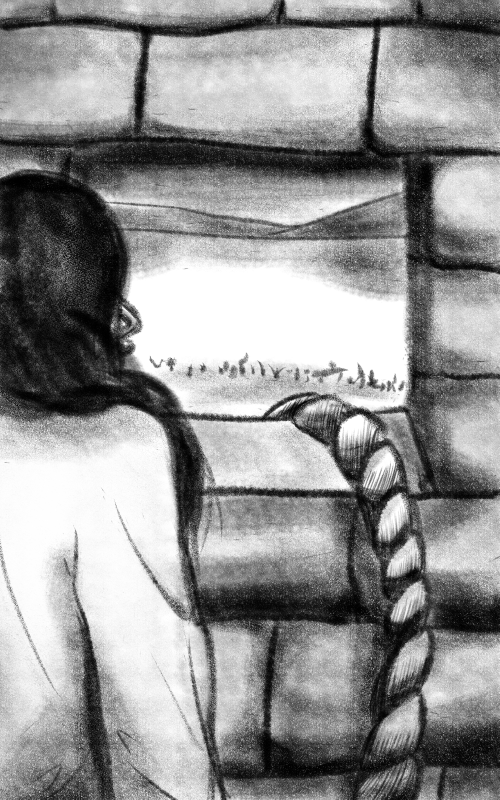 Rahab looking out her window. The red cord hangs in the window.