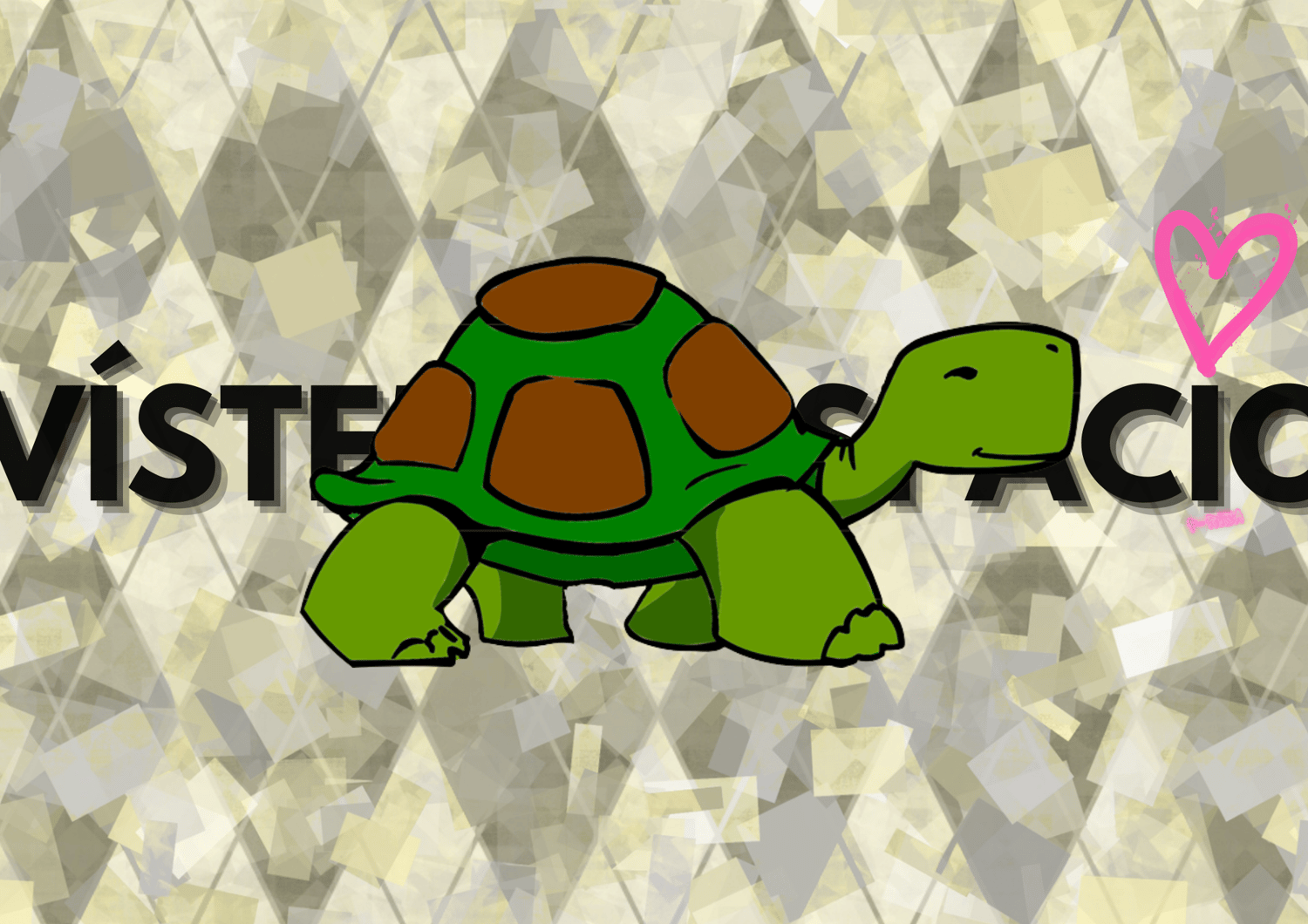 Dibujo de tortuga verde y marrón con fondo de azulejos y grafiti de vísteme despacio