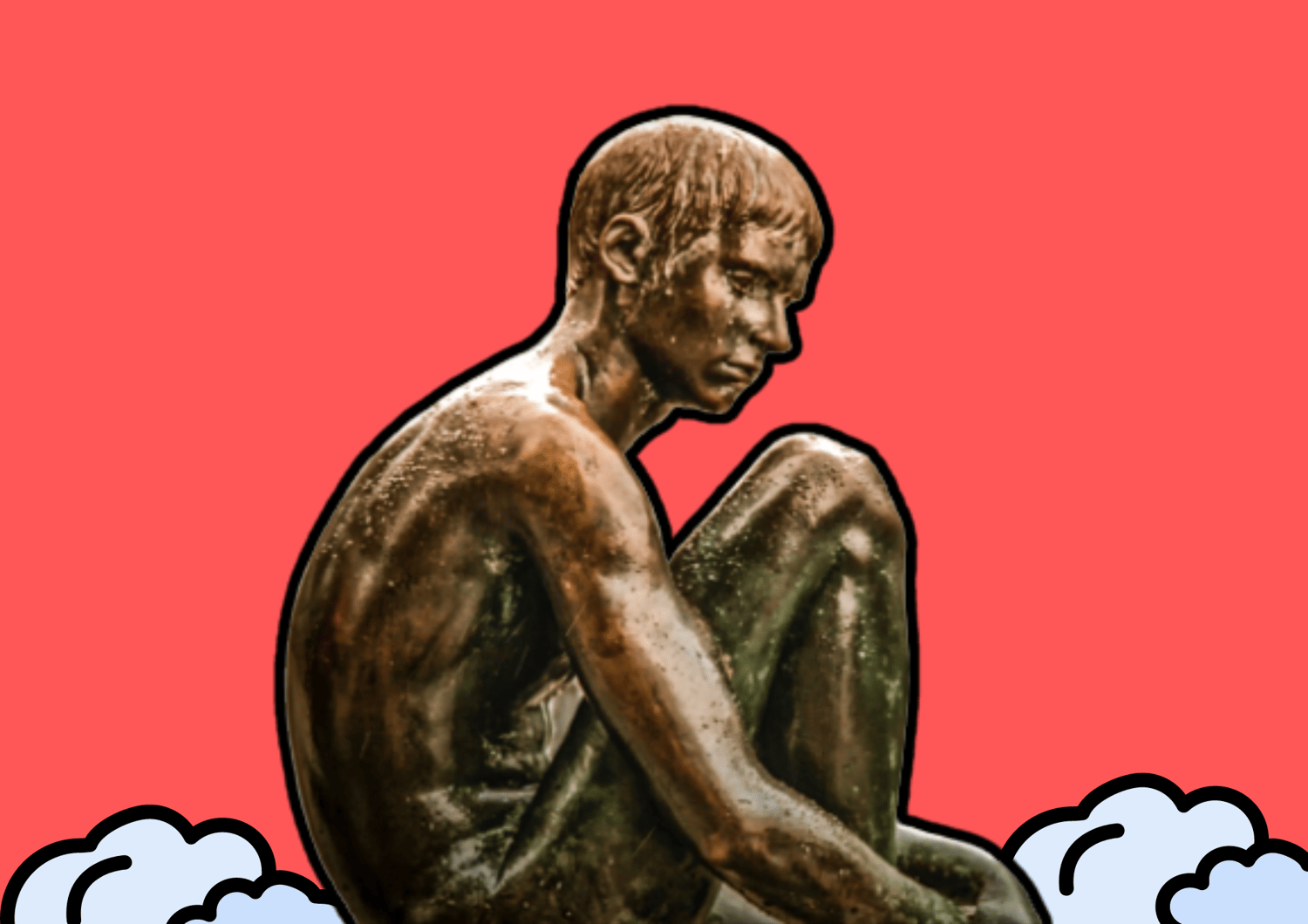 Escultura, cuerpo, chico, nubes