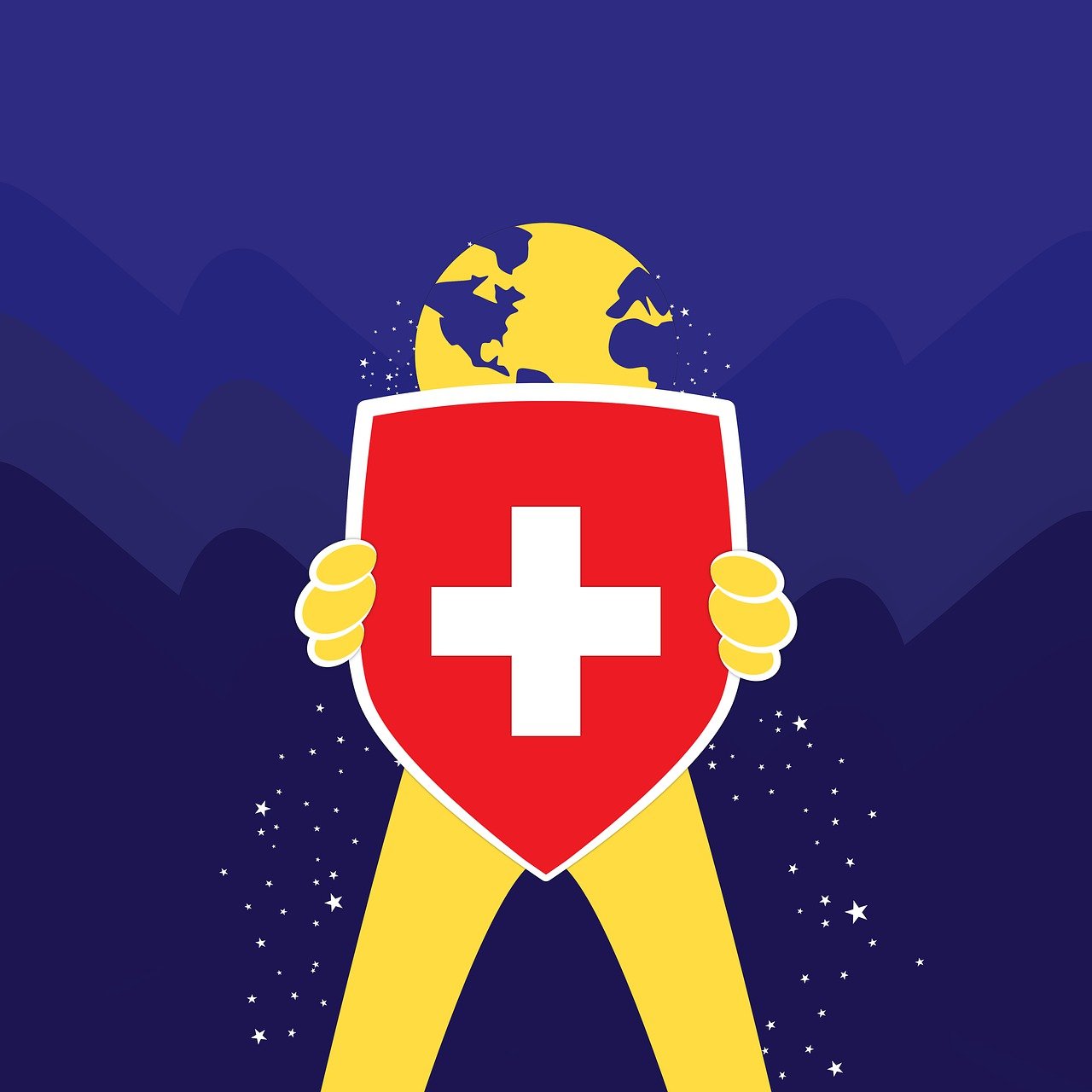 Ilustración de escudo e inmunología, día de la salud mundial de rojo, amarillo y azul, montañas y polvo de estrellas