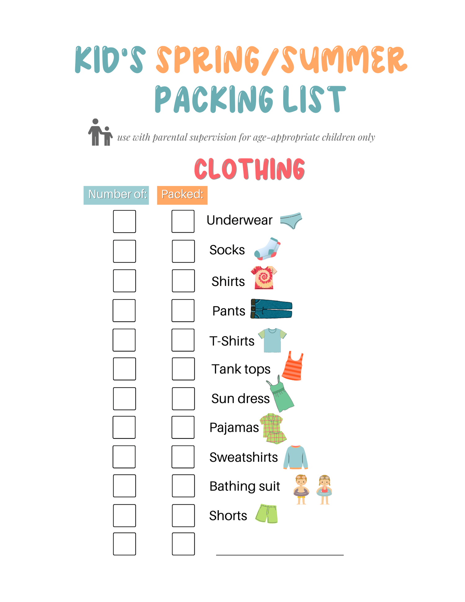 Spring Summer Clothing Checklist for Kids 