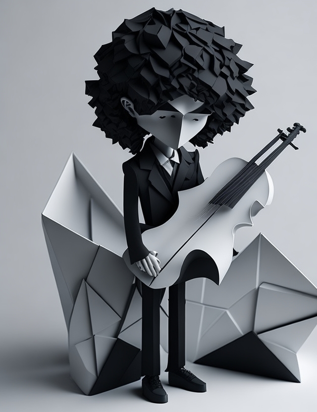 a sad boy with curly hair looking pensive holding his cello, digital art made in origami style, black and white and gray colors