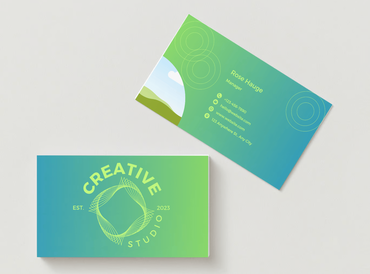 Customizable Clean Geometric Design Business Card Template for Canva - Small Business Branding, mock blue and green gradient