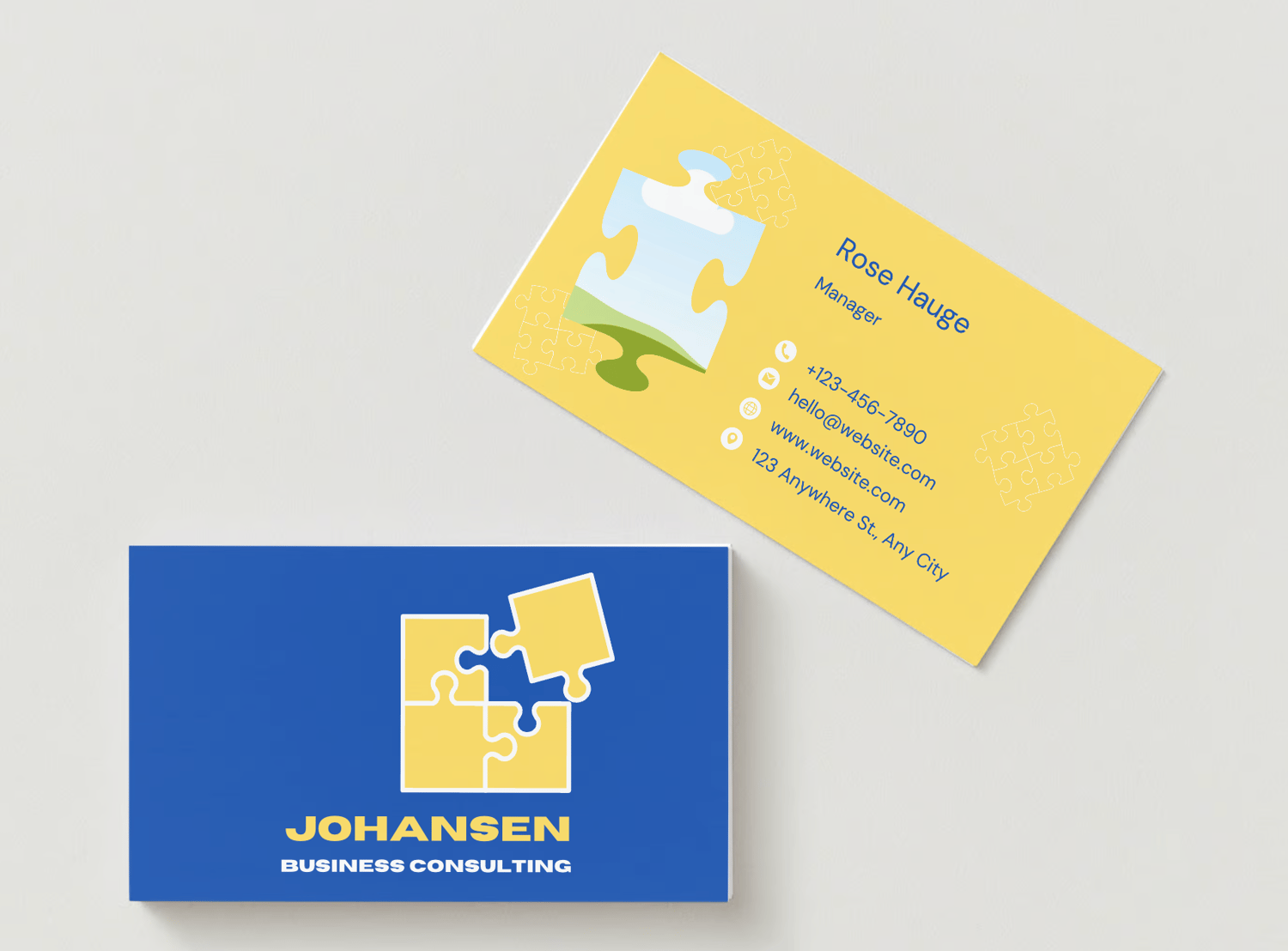 Customizable Bold Puzzle Design Business Card Template for Canva - Small Business Branding, mock blue front