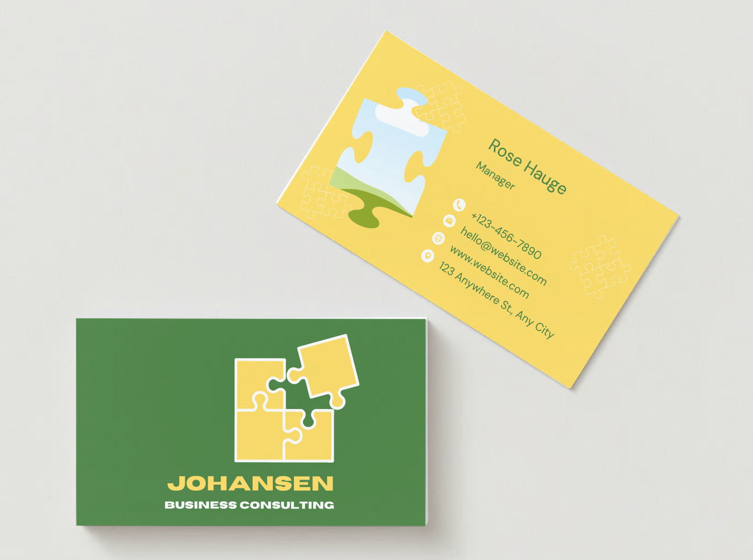 Customizable Bold Puzzle Design Business Card Template for Canva - Small Business Branding, mock green front