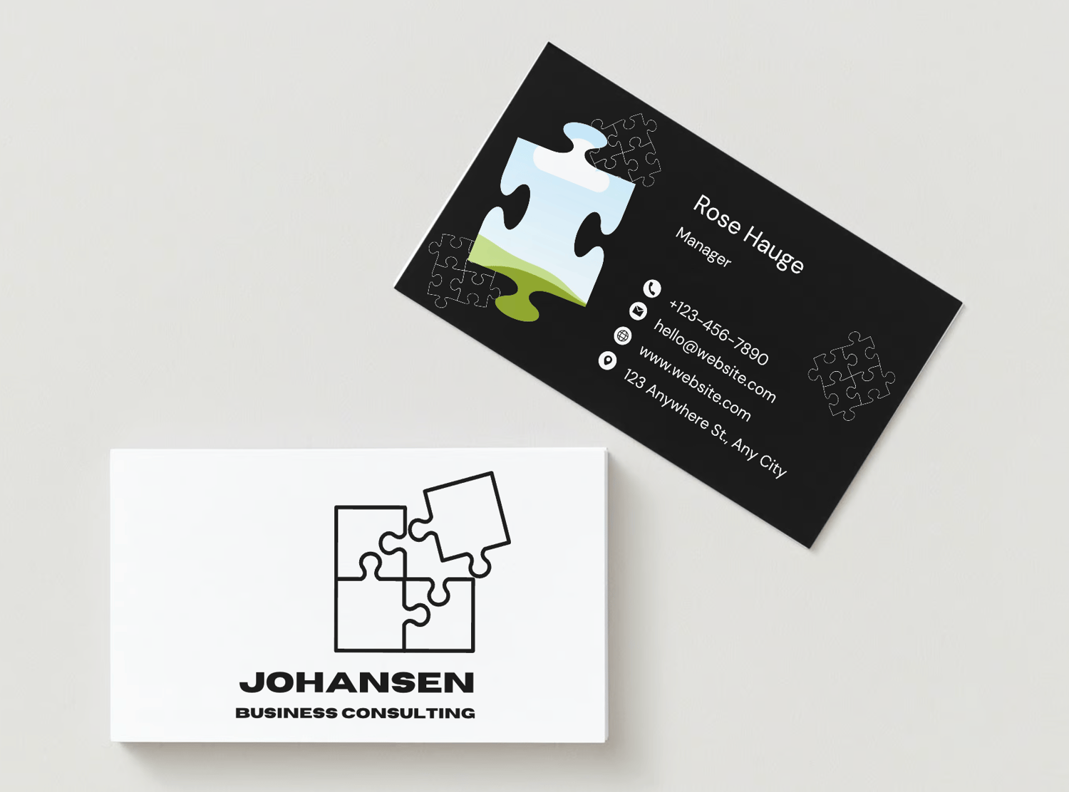 Customizable Bold Puzzle Design Business Card Template for Canva - Small Business Branding, mock white front