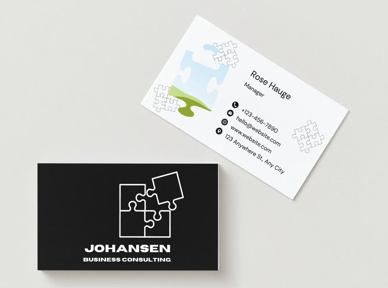 Customizable Bold Puzzle Design Business Card Template for Canva - Small Business Branding, mock black front