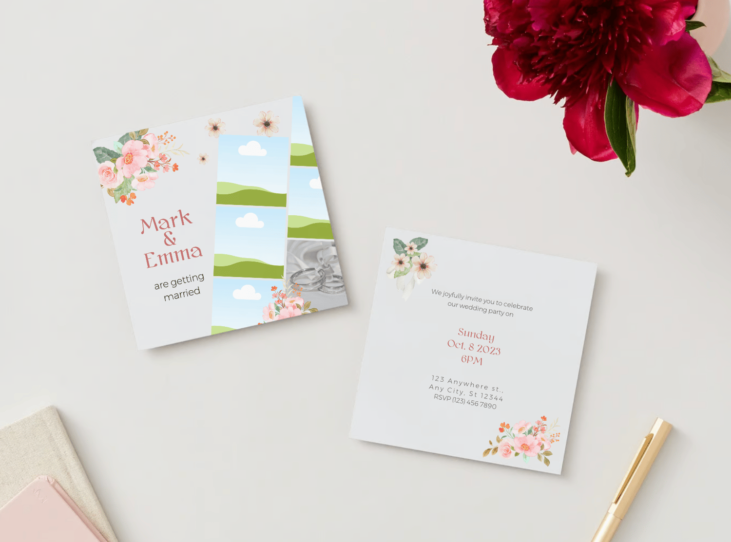 Elegant Pink Floral Photo Frame Invitation | Canva Template | Digital. Mock front and back