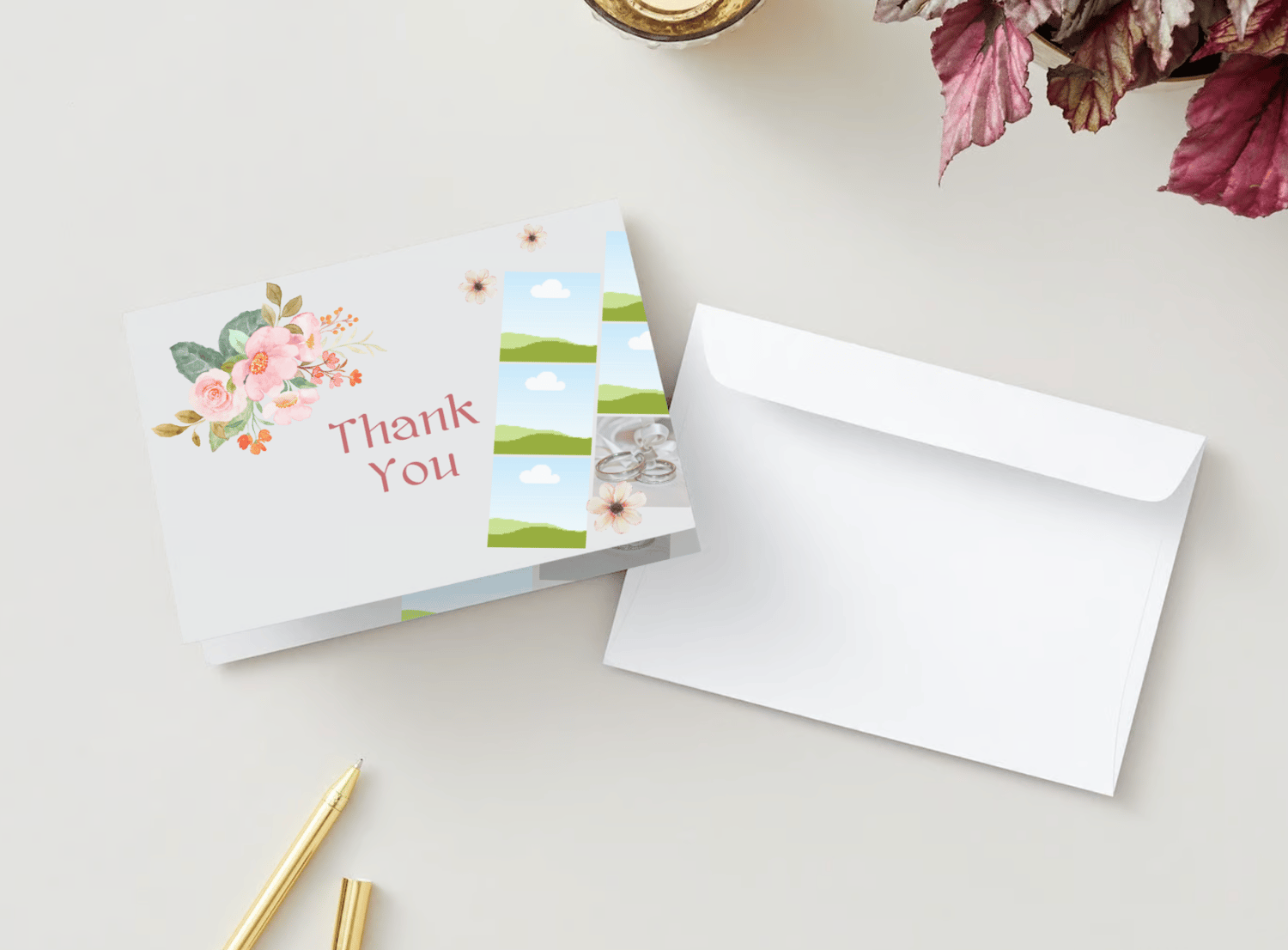 Elegant Pink Floral Photo Frame Folded Card Landscape | Customizable Canva Template | Digital. Mock outside front