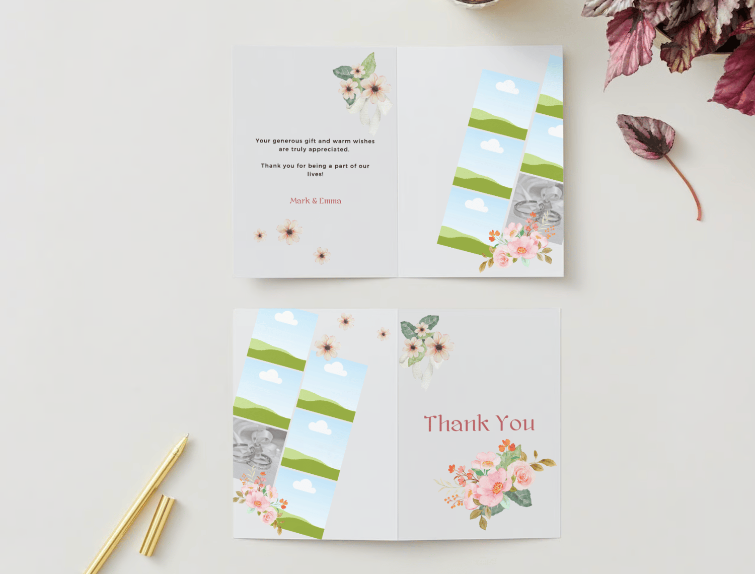 Elegant Pink Floral Photo Frame Folded Card Portrait | Customizable Canva Template | Digital Mock outside and inside