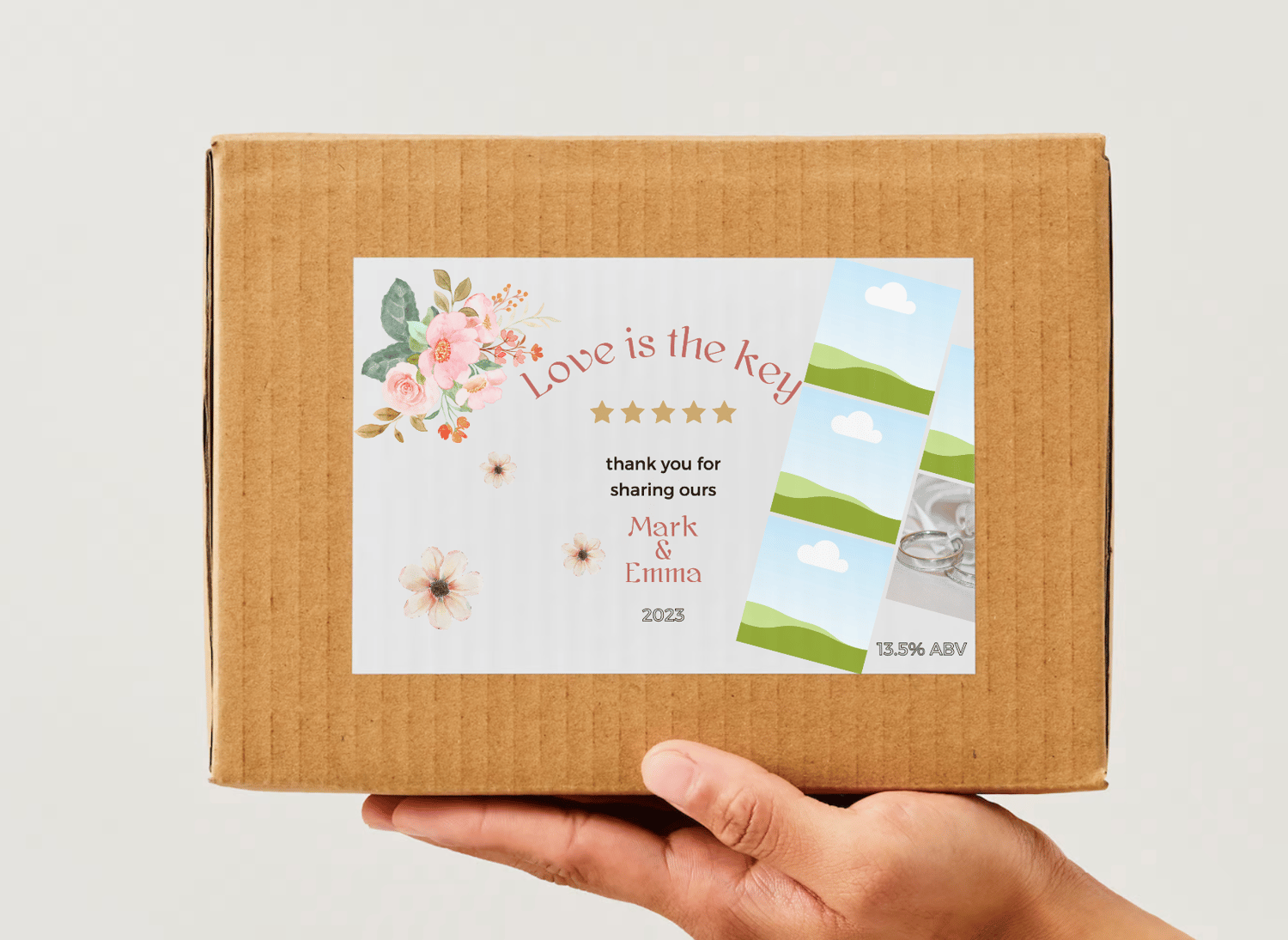 Elegant Pink Floral Photo Frame Sticker Label 6"x4" | Customizable Canva Template | Digital. Mock sticker on box