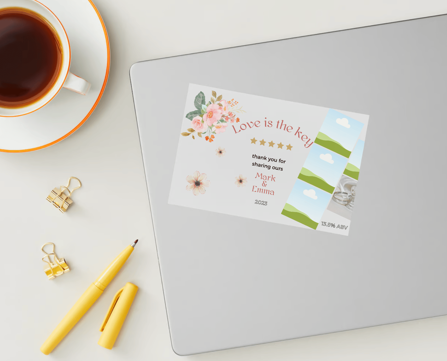 Elegant Pink Floral Photo Frame Sticker Label 6"x4" | Customizable Canva Template | Digital. Mock sticker on laptop