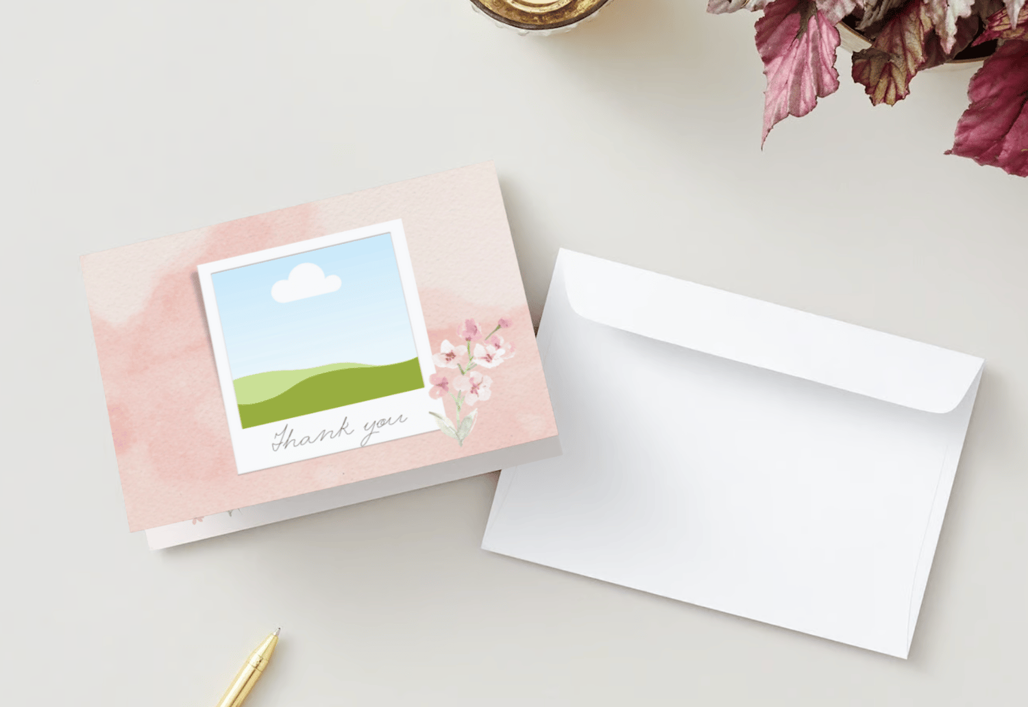 Light Pink Textured Background Photo Frame Folded Card Landscape | Customizable Canva Template | Digital. Mock outside front