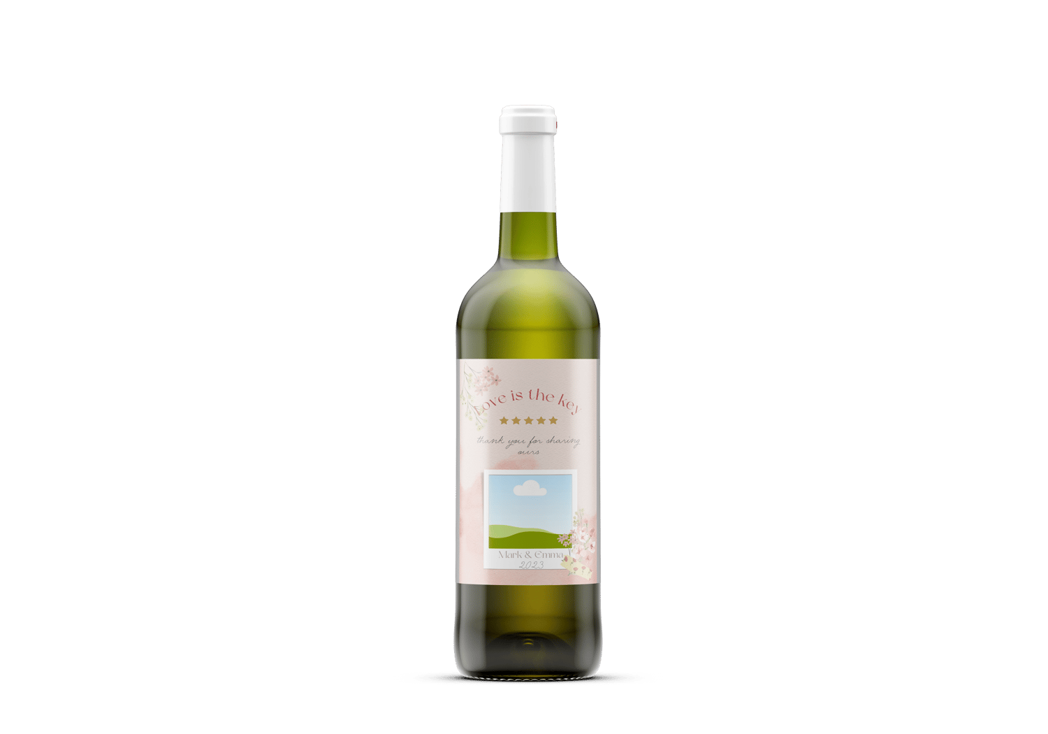 Light Pink Textured Background Photo Frame Sticker Label 4"x6" | Customizable Canva Template | Digital Download. Mock sticker on green wine bottle