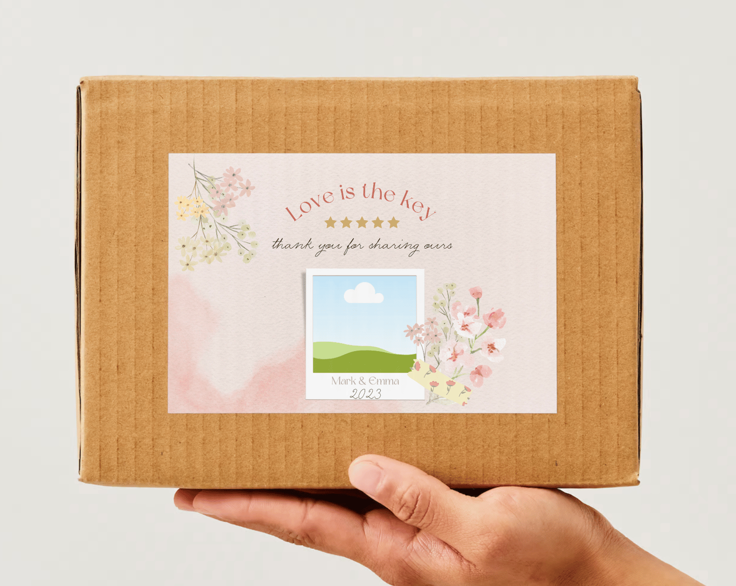 Light Pink Textured Background Photo Frame Sticker Label 6"x4" | Customizable Canva Template | Digital. Mock sticker on box