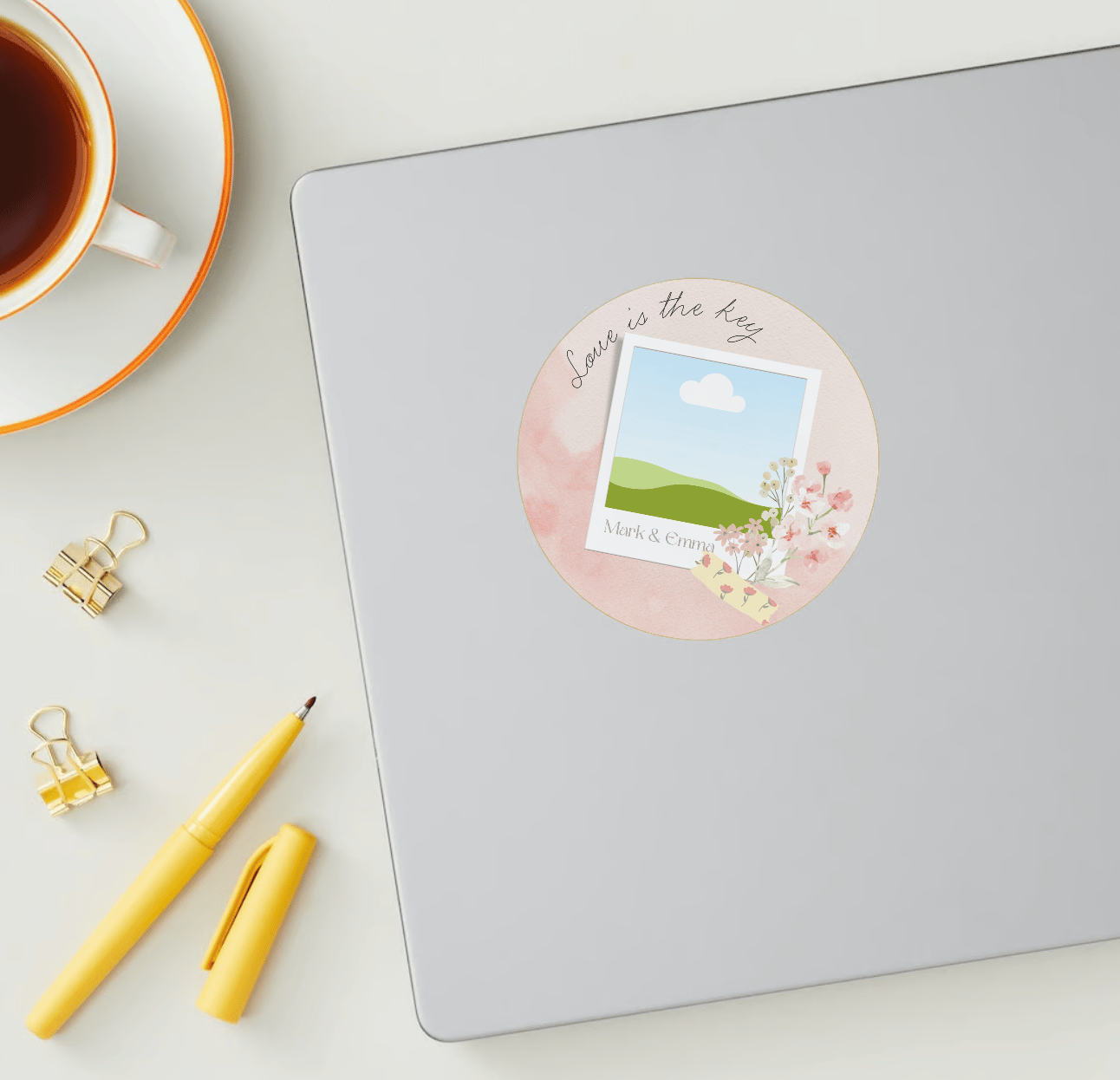 Light Pink Textured Background Photo Frame Circle Sticker | Customizable Canva Template | Digital. Mock sticker on laptop
