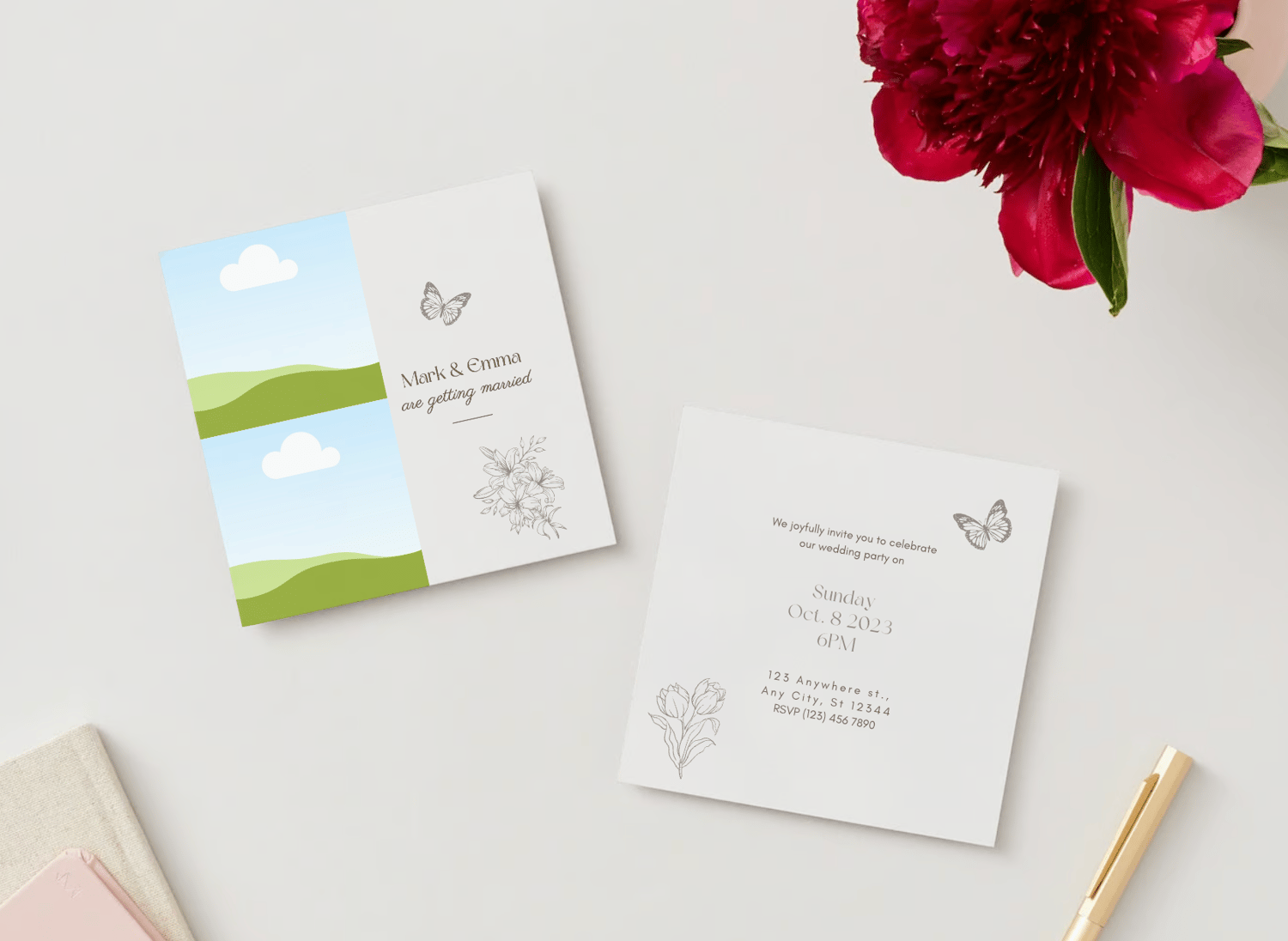 Artistic Line Art Photo Frame Invitation | Canva Template | Digital. Mock front and back