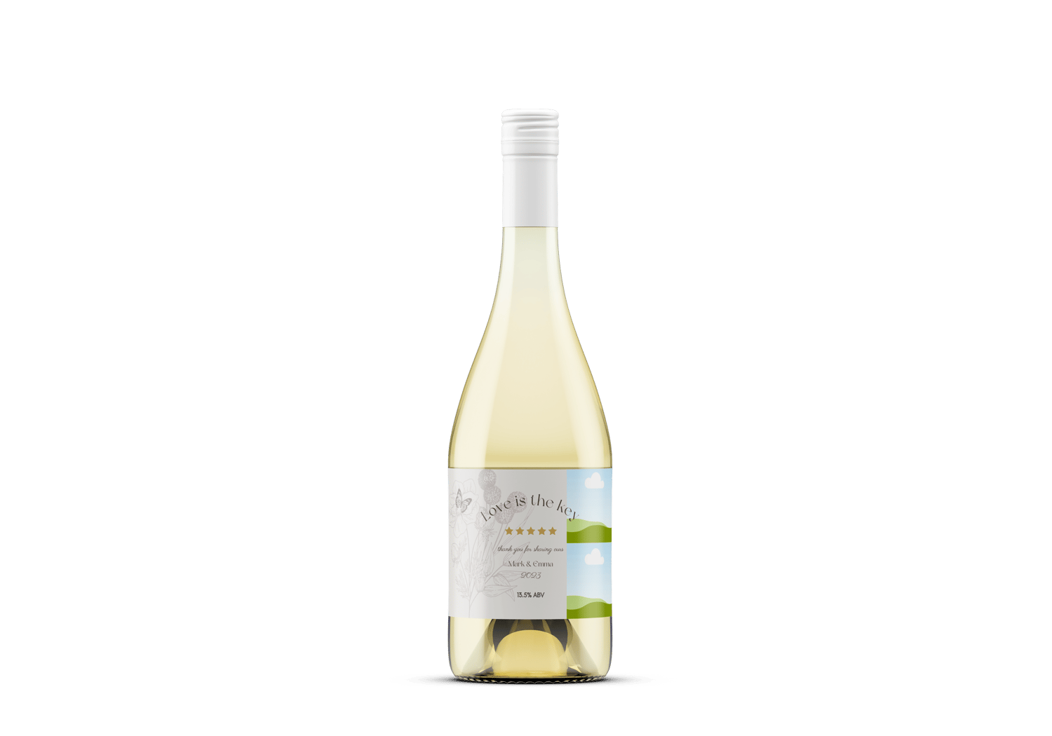 Artistic Line Art Photo Frame Sticker Label 6"x4" | Customizable Canva Template | Digital. Mock sticker on wine bottle