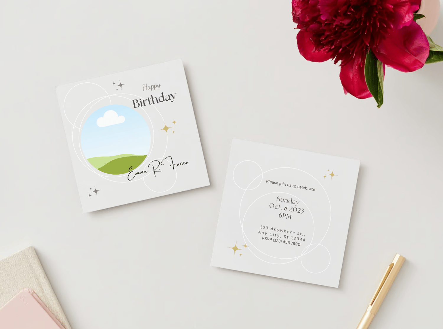 Light Grey Photo Frame Invitation | Canva Template | Digital. Mock Front and back