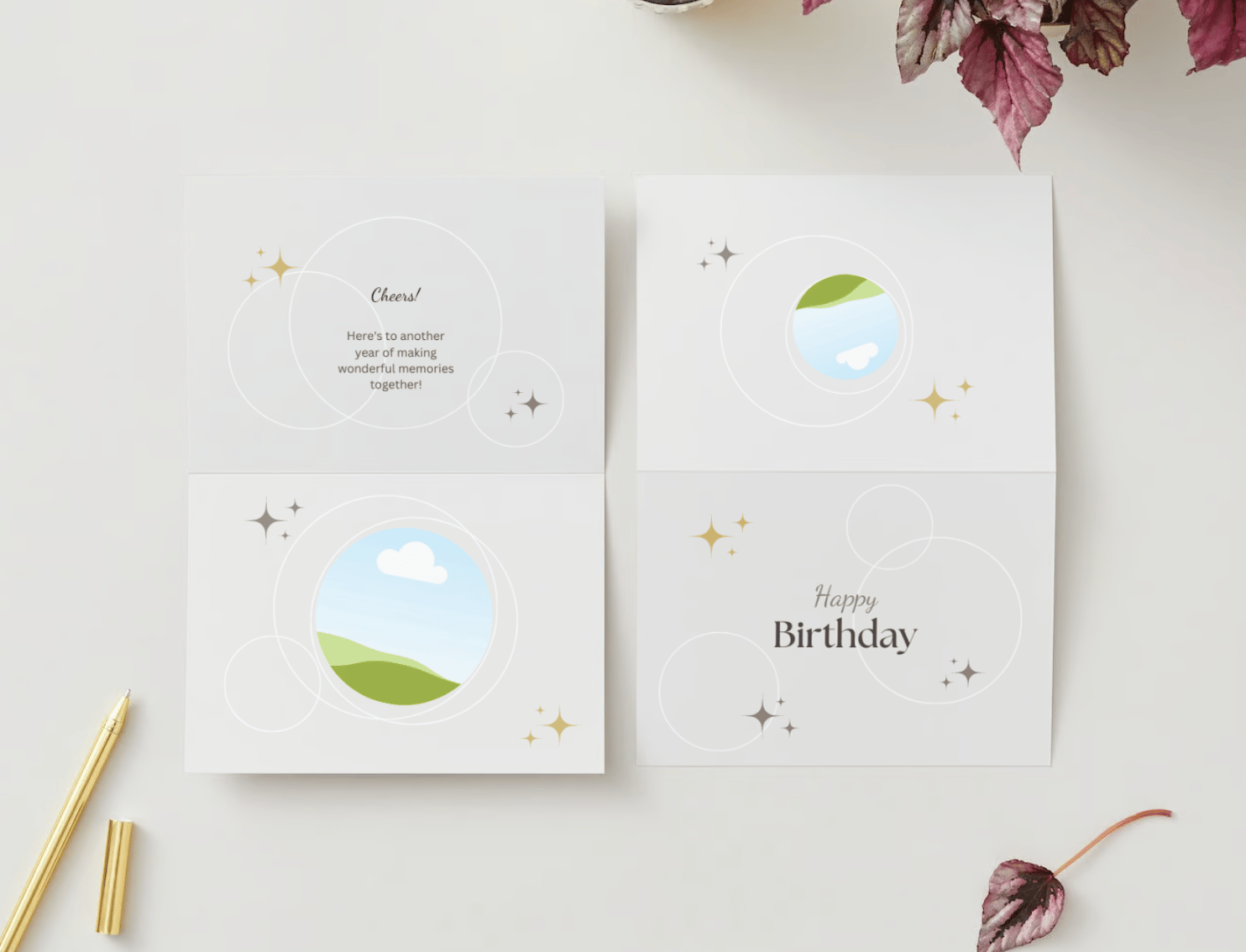 Light Grey Photo Frame Folded Card Landscape | Customizable Canva Template | Digital. Mock outside and inside