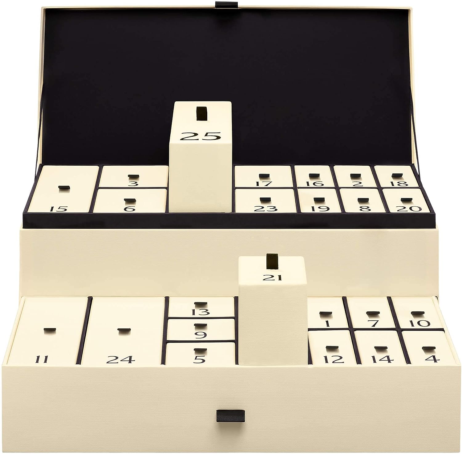 cream advent calendar box with 25 boxes that include christmas gifts