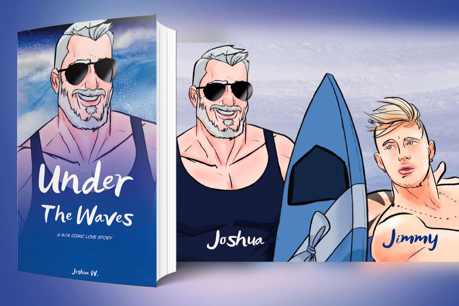 Gay romance book about daddy and son, bara, yaoi in comic illustration