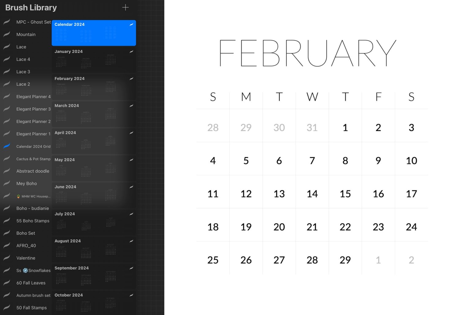 2024 calendar Procreate Brush set
