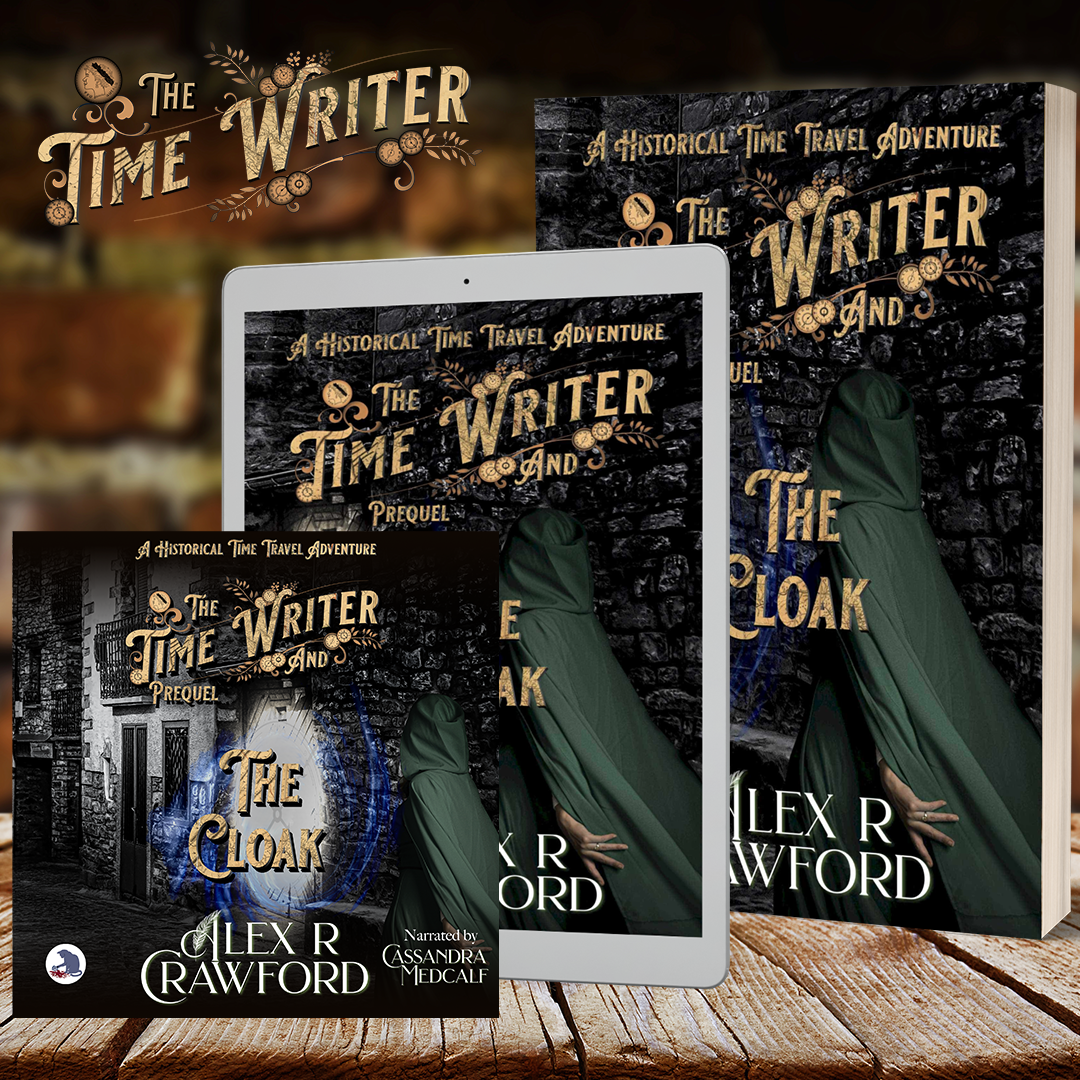 Collection image of covers for The Time Writer and The Cloak audiobook, ebook, and paperback