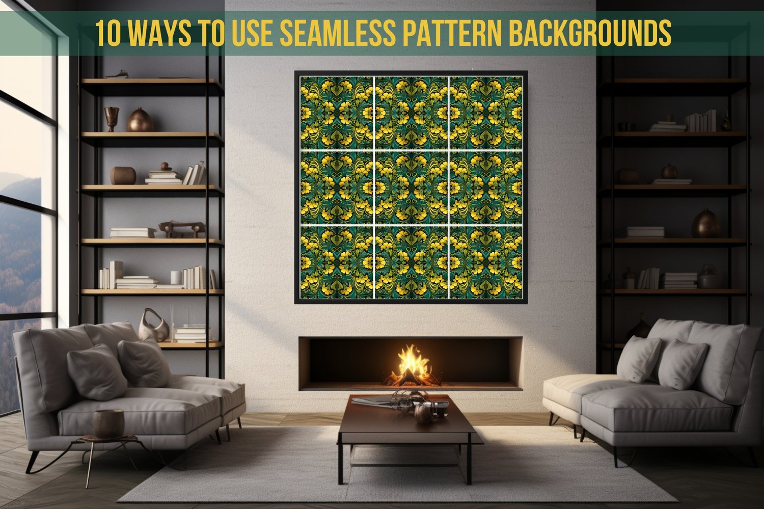 Living Room Setting with Seamless Pattern Wall-Art Mockup