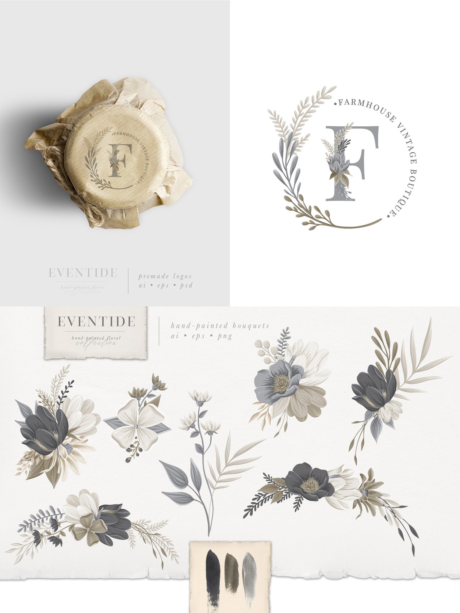 Eventide floral art graphics collection Lovely flowers, leaves, monograms, bouquets, wreaths, logos and patterns in a versatile neutral color scheme of gray, cream and beige