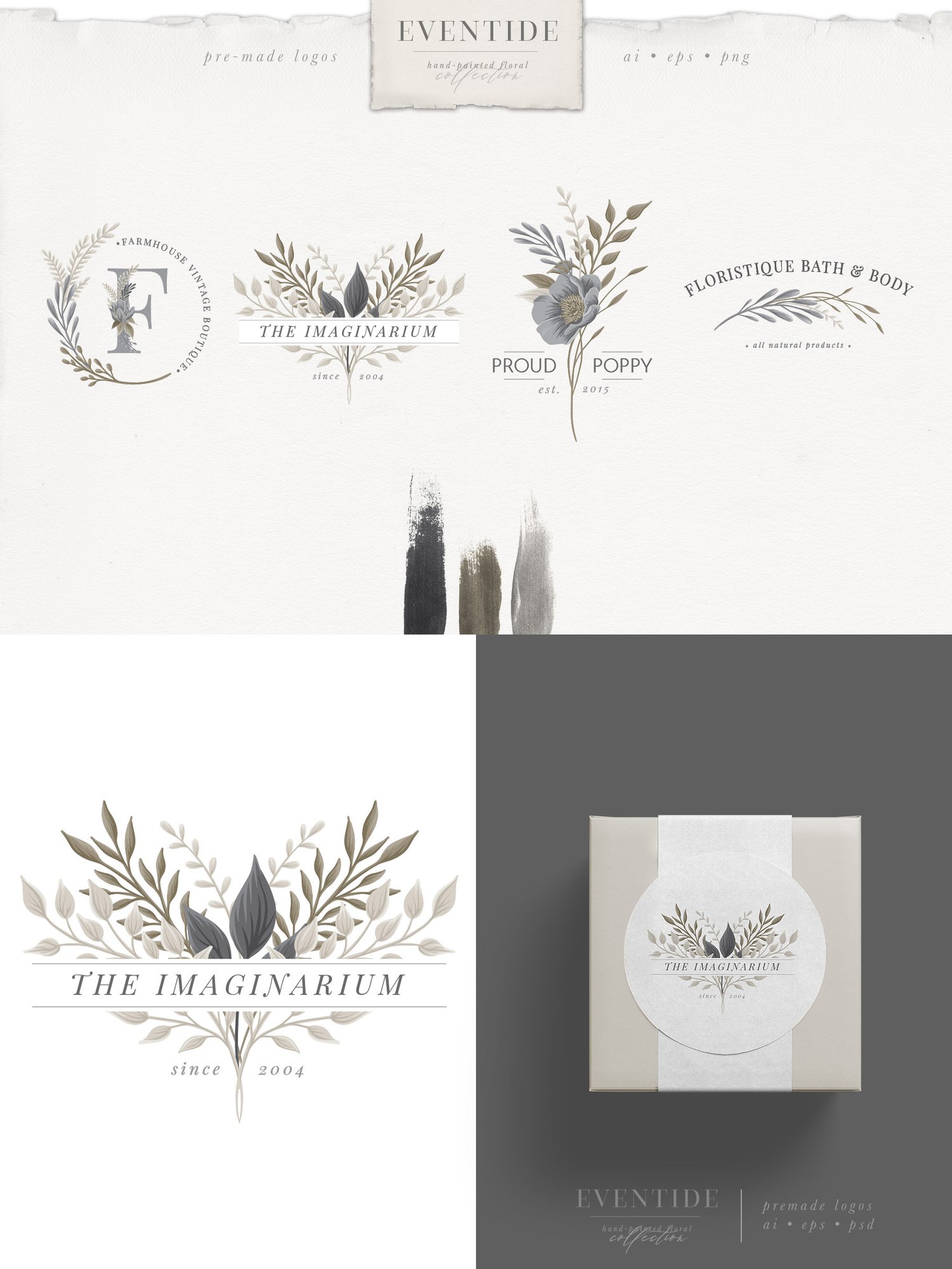 Eventide floral art graphics collection Lovely flowers, leaves, monograms, bouquets, wreaths, logos and patterns in a versatile neutral color scheme of gray, cream and beige
