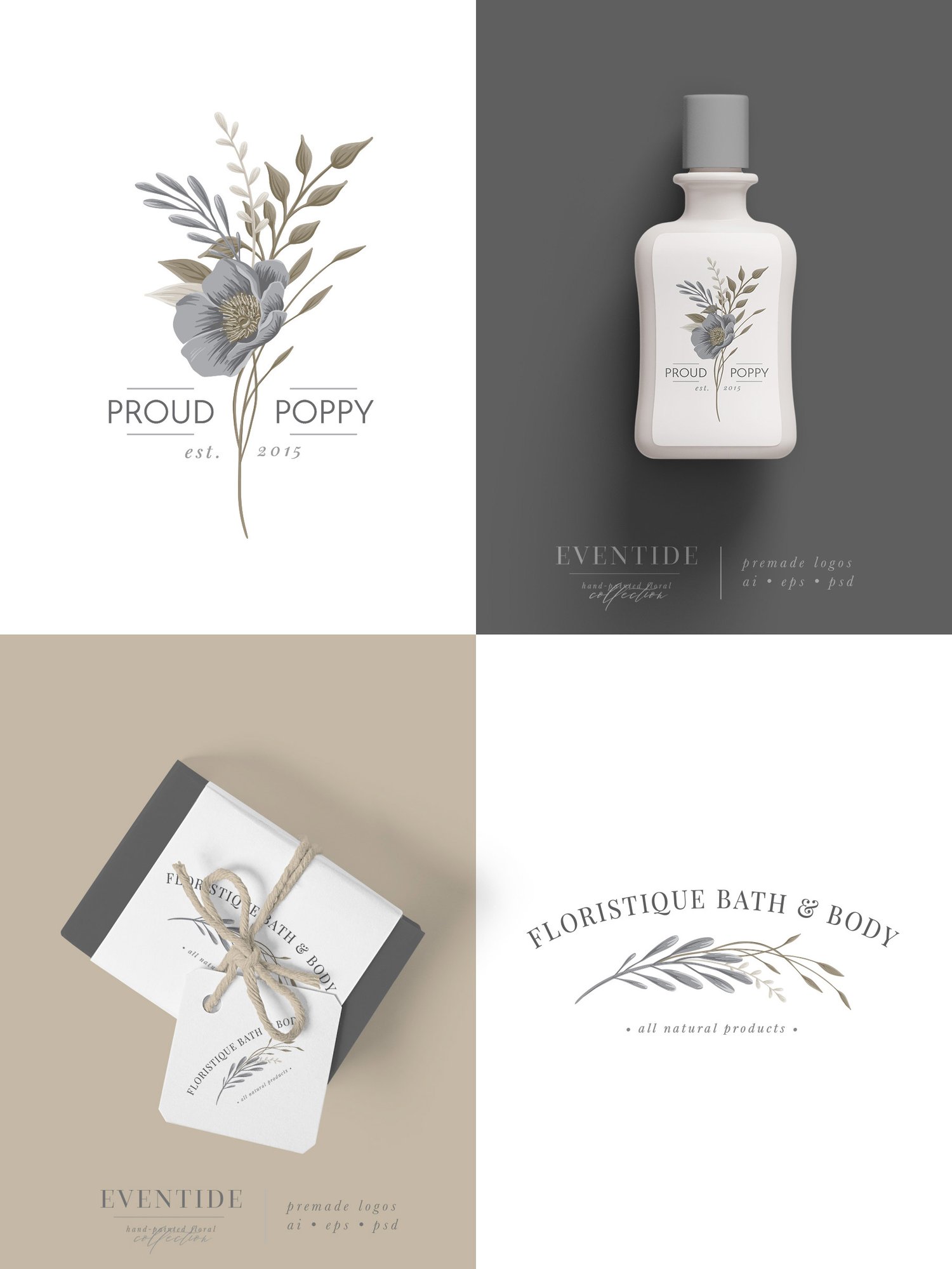 Eventide floral art graphics collection Lovely flowers, leaves, monograms, bouquets, wreaths, logos and patterns in a versatile neutral color scheme of gray, cream and beige