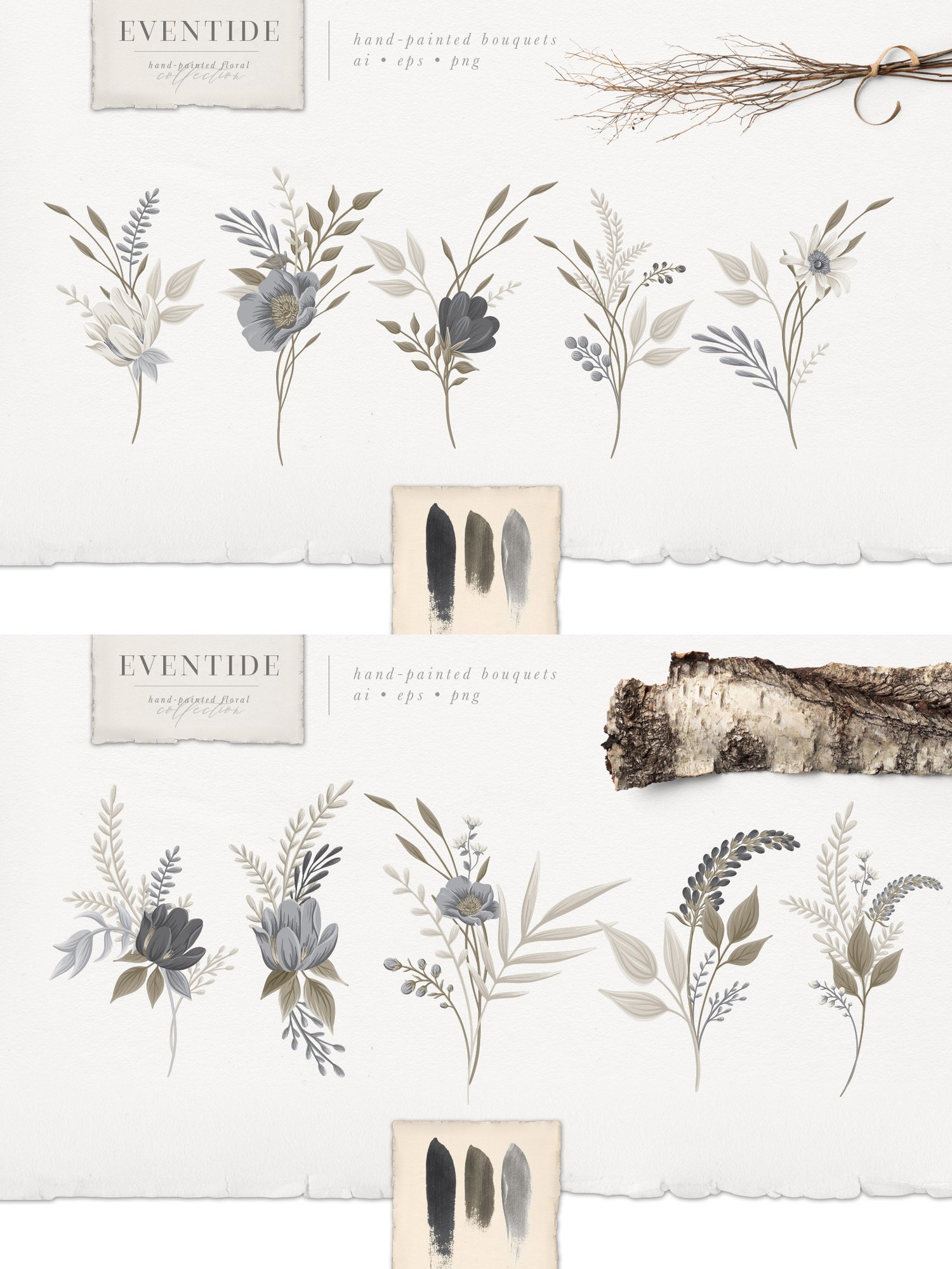 Eventide floral art graphics collection Lovely flowers, leaves, monograms, bouquets, wreaths, logos and patterns in a versatile neutral color scheme of gray, cream and beige