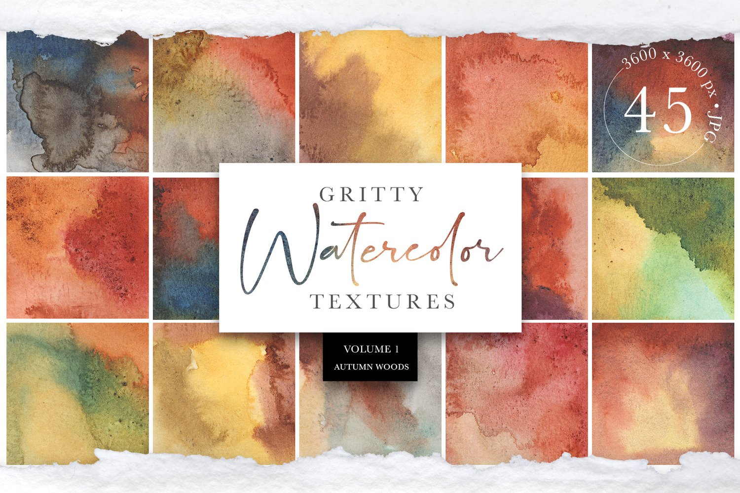 gritty watercolor textures autumnal collection of hand-painted watercolor textures in a warm autumnal color scheme. Gritty elements offer a grunge like texture for a unique look.