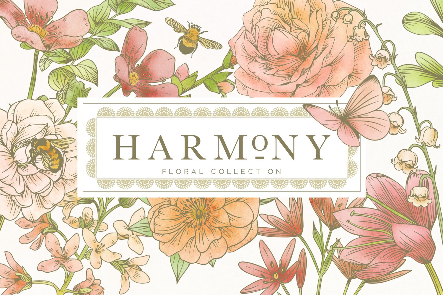 Harmony Botanical Floral Collection a hand illustrated set of beautiful florals, butterflies, and bees accented with watercolors in a lush color scheme.