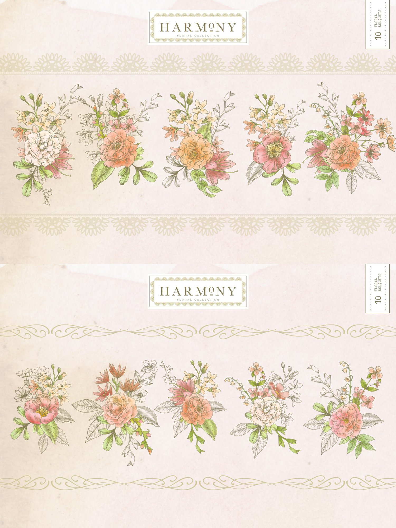 Harmony Botanical Floral Collection a hand illustrated set of beautiful florals, butterflies, and bees accented with watercolors in a lush color scheme.