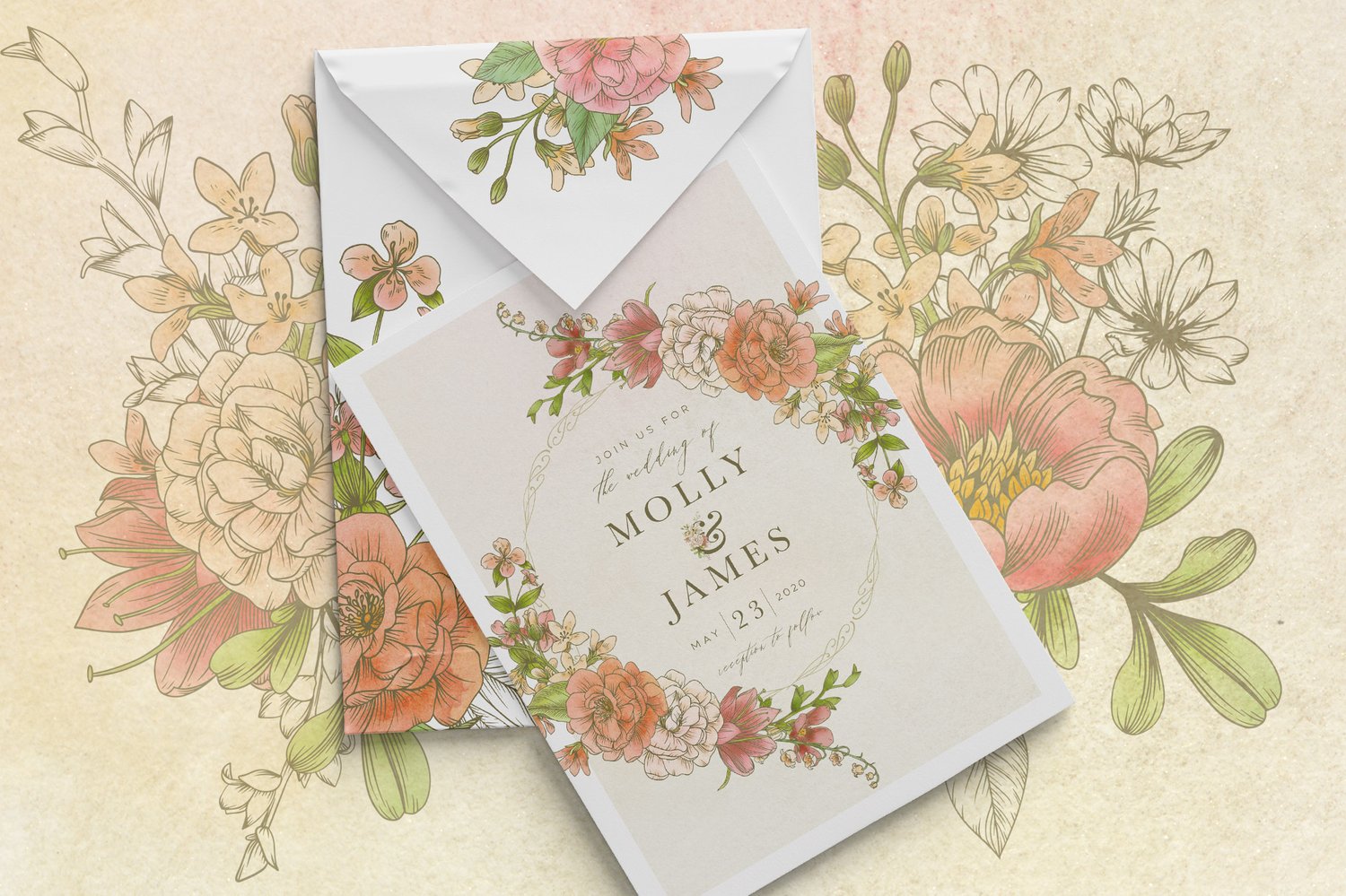 Harmony Botanical Floral Collection a hand illustrated set of beautiful florals, butterflies, and bees accented with watercolors in a lush color scheme.