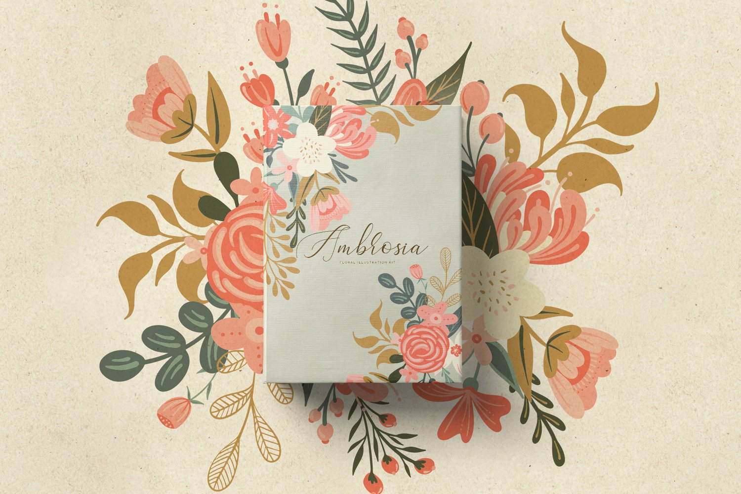 Ambrosia Floral Illustration Kit. Hand drawn floral illustration clip art in a coral, pink, cream, gold and green color scheme.