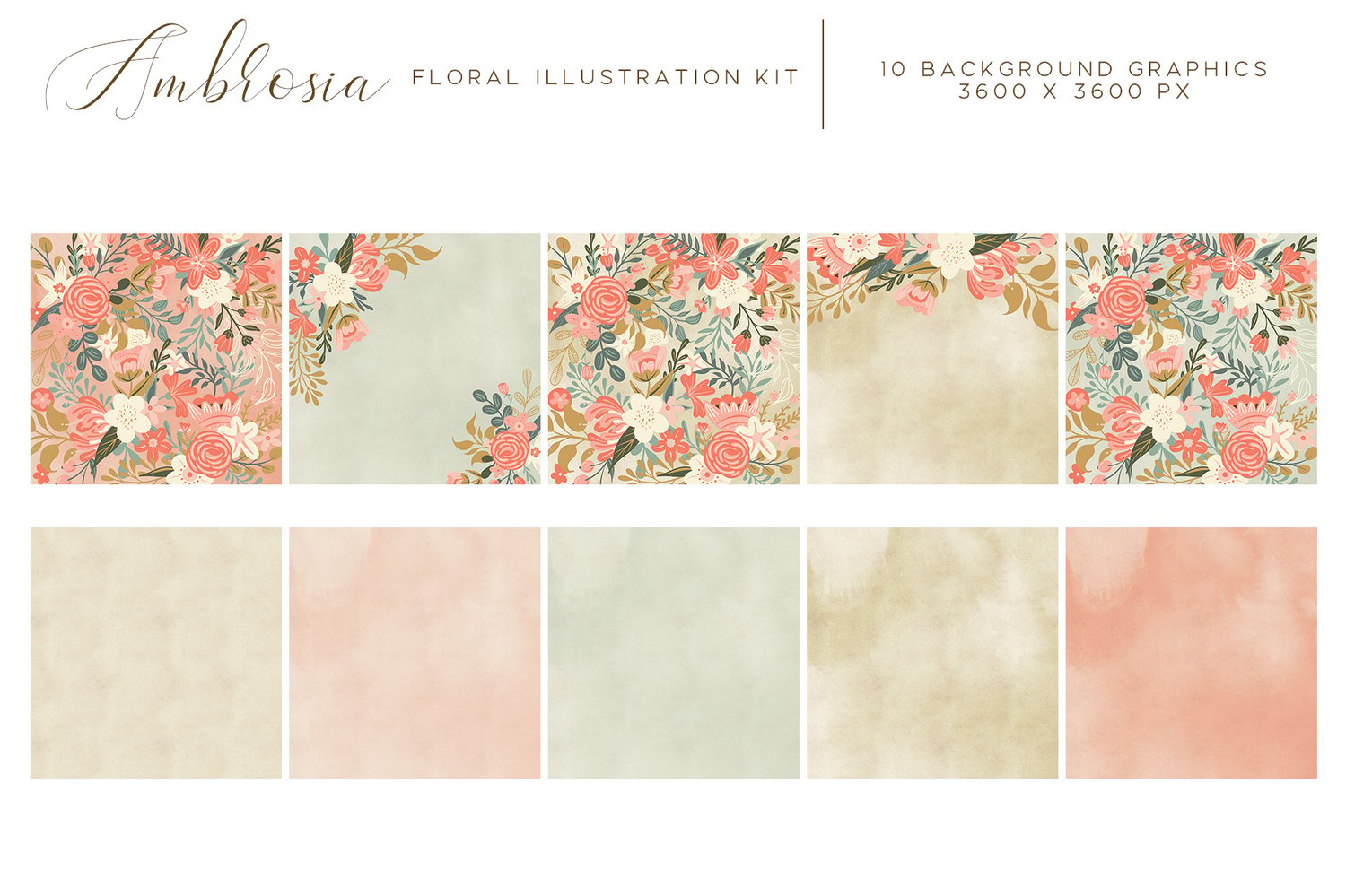 Ambrosia Floral Illustration Kit. Hand drawn floral illustration clip art in a coral, pink, cream, gold and green color scheme.